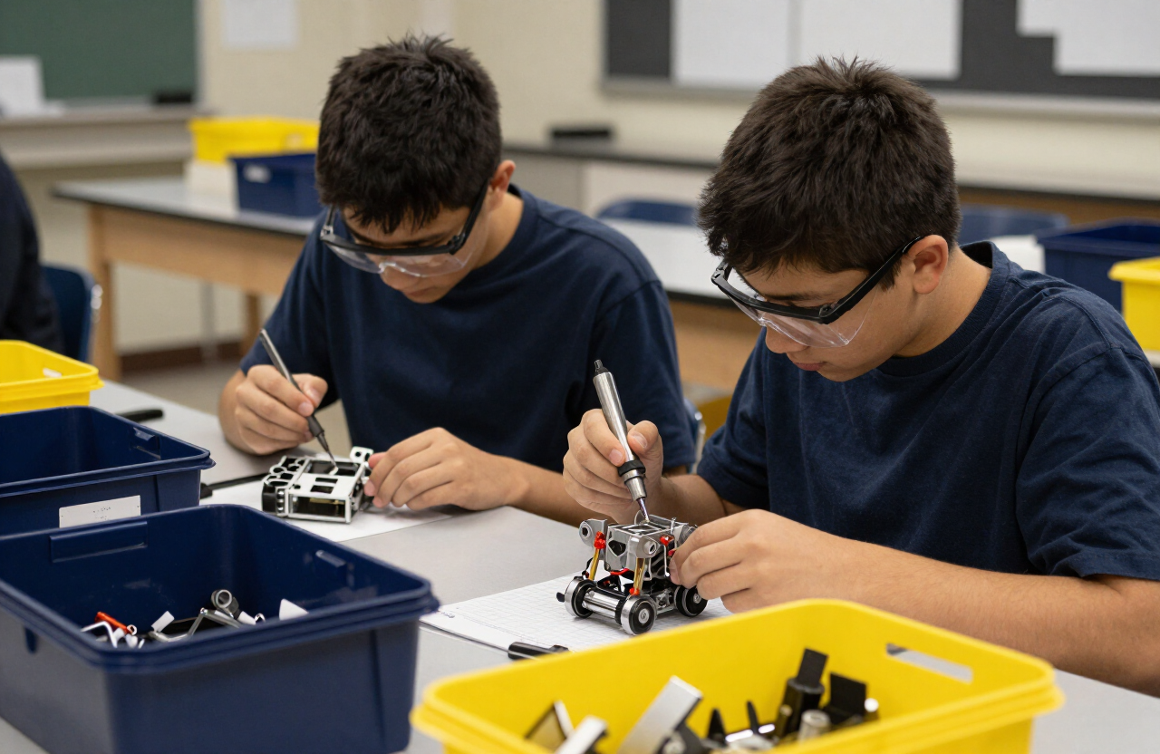 Students assembling the robot chassis on a workbench