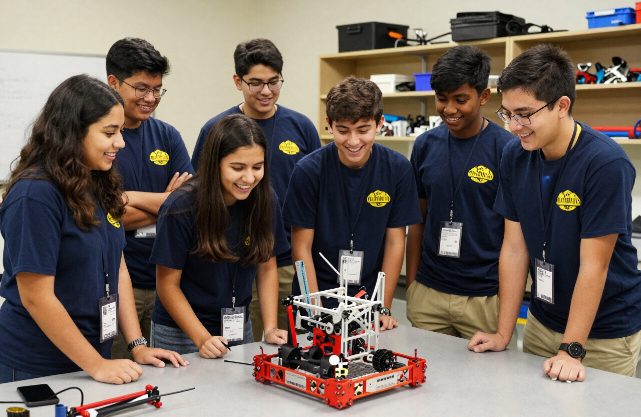 The Metal Benders team posing with their robot in the workshop